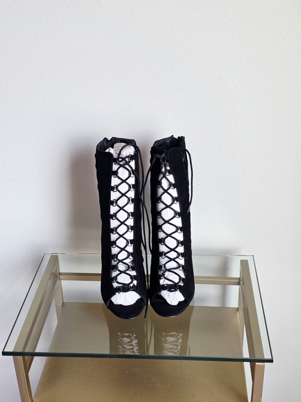 Black Lace-Up Peep-Toe Women's High Booties